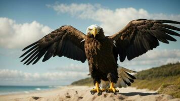 A beautiful summer day with blue sky and a lone Steller's sea eagle over the beach AI Generative photo