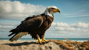 A beautiful summer day with blue sky and a lone Steller's sea eagle over the beach AI Generative photo