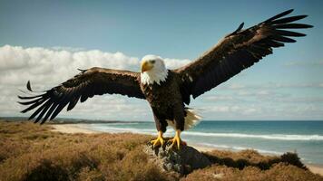 A beautiful summer day with blue sky and a lone Steller's sea eagle over the beach AI Generative photo