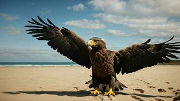 A beautiful summer day with blue sky and a lone Steller's sea eagle over the beach AI Generative photo