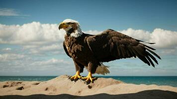 A beautiful summer day with blue sky and a lone Steller's sea eagle over the beach AI Generative photo