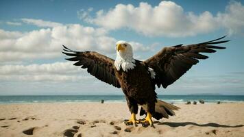 A beautiful summer day with blue sky and a lone Steller's sea eagle over the beach AI Generative photo