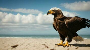 A beautiful summer day with blue sky and a lone Steller's sea eagle over the beach AI Generative photo