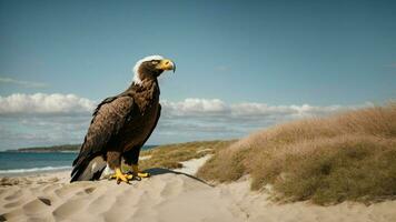 A beautiful summer day with blue sky and a lone Steller's sea eagle over the beach AI Generative photo