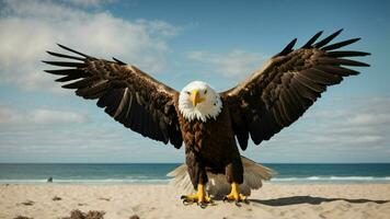 A beautiful summer day with blue sky and a lone Steller's sea eagle over the beach AI Generative photo