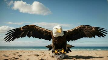 A beautiful summer day with blue sky and a lone Steller's sea eagle over the beach AI Generative photo