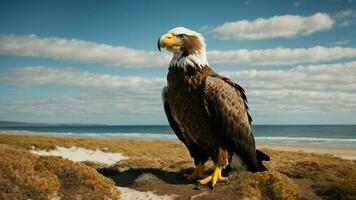 A beautiful summer day with blue sky and a lone Steller's sea eagle over the beach AI Generative photo