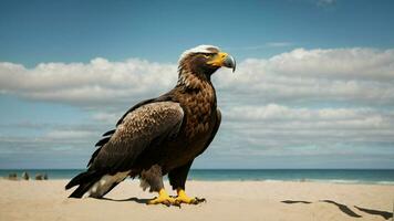 A beautiful summer day with blue sky and a lone Steller's sea eagle over the beach AI Generative photo