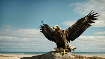 A beautiful summer day with blue sky and a lone Steller's sea eagle over the beach AI Generative photo