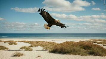 A beautiful summer day with blue sky and a lone Steller's sea eagle over the beach AI Generative photo