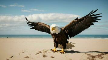 A beautiful summer day with blue sky and a lone Steller's sea eagle over the beach AI Generative photo