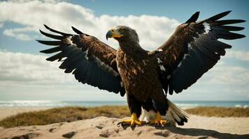 A beautiful summer day with blue sky and a lone Steller's sea eagle over the beach AI Generative photo