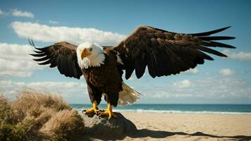 A beautiful summer day with blue sky and a lone Steller's sea eagle over the beach AI Generative photo