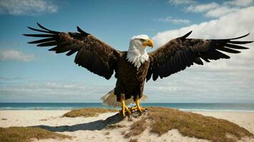 A beautiful summer day with blue sky and a lone Steller's sea eagle over the beach AI Generative photo