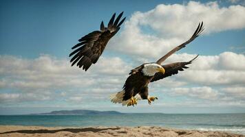 A beautiful summer day with blue sky and a lone Steller's sea eagle over the beach AI Generative photo