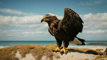 A beautiful summer day with blue sky and a lone Steller's sea eagle over the beach AI Generative photo