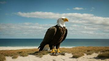 A beautiful summer day with blue sky and a lone Steller's sea eagle over the beach AI Generative photo