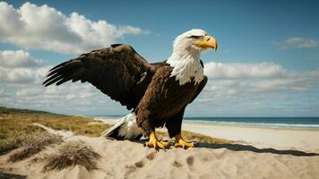 A beautiful summer day with blue sky and a lone Steller's sea eagle over the beach AI Generative photo