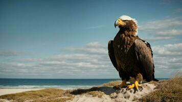 A beautiful summer day with blue sky and a lone Steller's sea eagle over the beach AI Generative photo