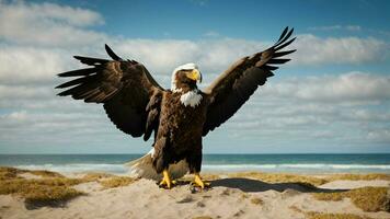 A beautiful summer day with blue sky and a lone Steller's sea eagle over the beach AI Generative photo