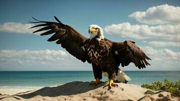 A beautiful summer day with blue sky and a lone Steller's sea eagle over the beach AI Generative photo