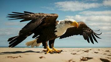 A beautiful summer day with blue sky and a lone Steller's sea eagle over the beach AI Generative photo