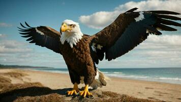 A beautiful summer day with blue sky and a lone Steller's sea eagle over the beach AI Generative photo