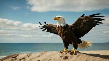 A beautiful summer day with blue sky and a lone Steller's sea eagle over the beach AI Generative photo