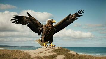 A beautiful summer day with blue sky and a lone Steller's sea eagle over the beach AI Generative photo