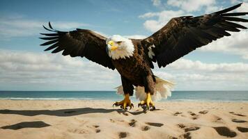 A beautiful summer day with blue sky and a lone Steller's sea eagle over the beach AI Generative photo