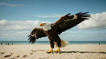 A beautiful summer day with blue sky and a lone Steller's sea eagle over the beach AI Generative photo