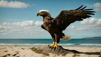 A beautiful summer day with blue sky and a lone Steller's sea eagle over the beach AI Generative photo