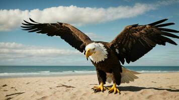 A beautiful summer day with blue sky and a lone Steller's sea eagle over the beach AI Generative photo