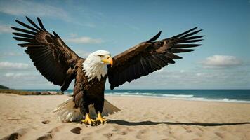 A beautiful summer day with blue sky and a lone Steller's sea eagle over the beach AI Generative photo