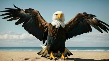 A beautiful summer day with blue sky and a lone Steller's sea eagle over the beach AI Generative photo