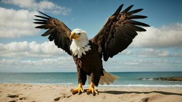 A beautiful summer day with blue sky and a lone Steller's sea eagle over the beach AI Generative photo