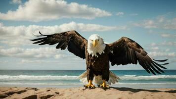 A beautiful summer day with blue sky and a lone Steller's sea eagle over the beach AI Generative photo