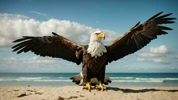 A beautiful summer day with blue sky and a lone Steller's sea eagle over the beach AI Generative photo