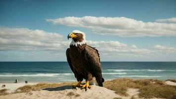 un hermosa verano día con azul cielo y un solitario de Steller mar águila terminado el playa ai generativo foto