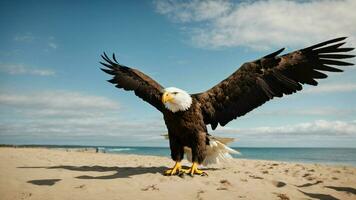 un hermosa verano día con azul cielo y un solitario de Steller mar águila terminado el playa ai generativo foto