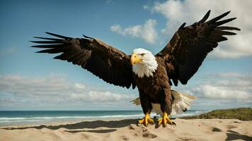 A beautiful summer day with blue sky and a lone Steller's sea eagle over the beach AI Generative photo