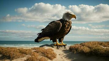 A beautiful summer day with blue sky and a lone Steller's sea eagle over the beach AI Generative photo