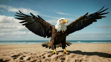 A beautiful summer day with blue sky and a lone Steller's sea eagle over the beach AI Generative photo