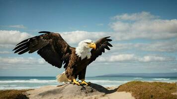 A beautiful summer day with blue sky and a lone Steller's sea eagle over the beach AI Generative photo