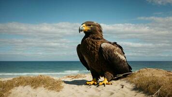 un hermosa verano día con azul cielo y un solitario de Steller mar águila terminado el playa ai generativo foto