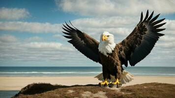 A beautiful summer day with blue sky and a lone Steller's sea eagle over the beach AI Generative photo