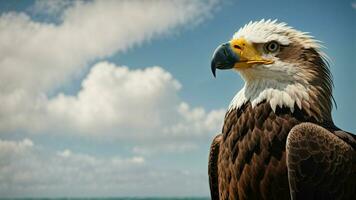 A beautiful summer day with blue sky and a lone Steller's sea eagle over the beach AI Generative photo