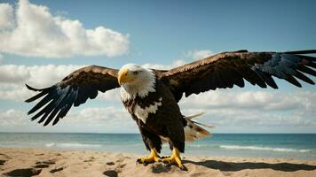 A beautiful summer day with blue sky and a lone Steller's sea eagle over the beach AI Generative photo