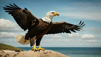 A beautiful summer day with blue sky and a lone Steller's sea eagle over the beach AI Generative photo