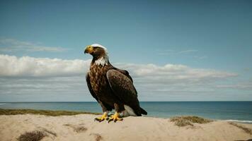 A beautiful summer day with blue sky and a lone Steller's sea eagle over the beach AI Generative photo